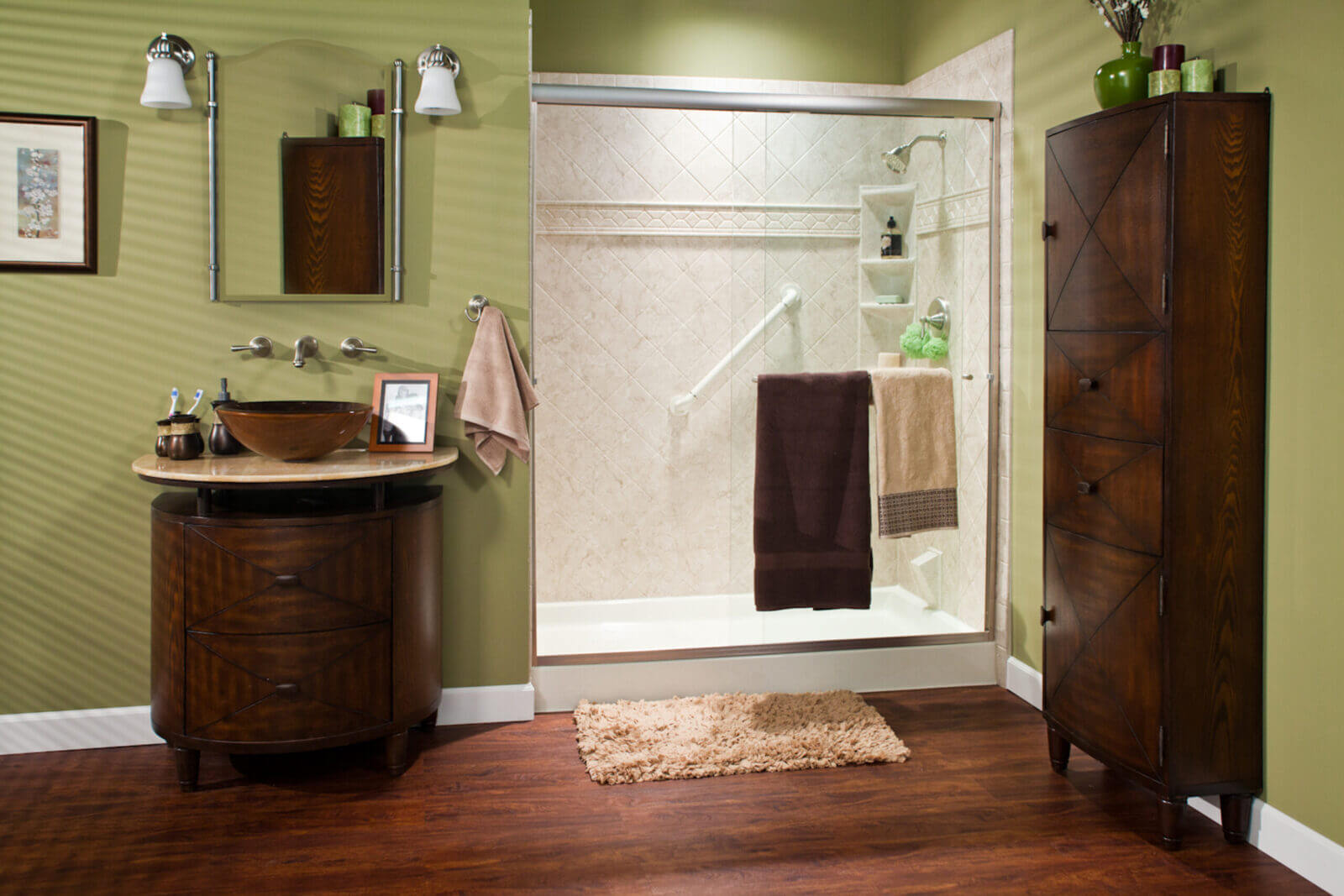  A spacious bathroom with a shower and a sink, highlighted by elegant decor and functional design.