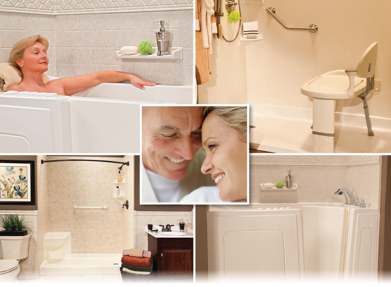 Walk In Tubs Remodeling A collage featuring various images of a woman relaxing in a bathtub, showcasing different angles and expressions.
